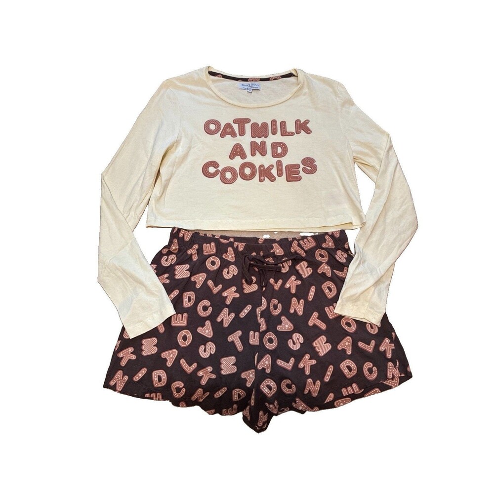 Brave Soul London 2 Pc Set Oat Milk And Cookies Pajama Size M Cream Brown Cotton